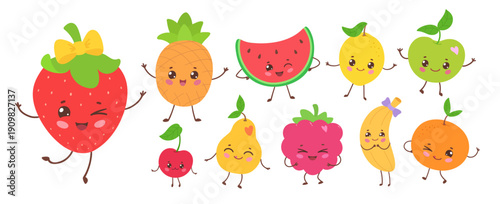 Vector illustration of cute fruits with smiling faces and accessories. Flat isolated fruit object collection.