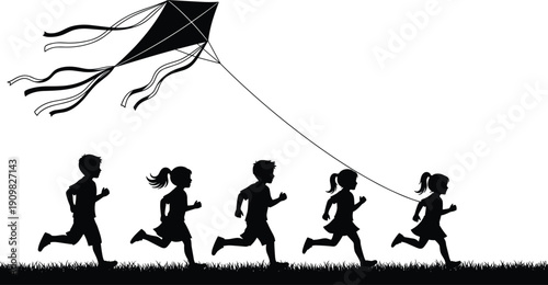 Children running outdoors silhouette, kids flying kite in park, playful childhood activity vector, happy family fun, freedom, nature, summer illustration