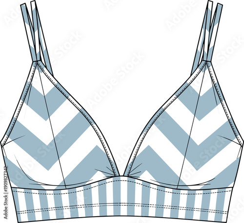 Cad drawing flat vector illustration, women’s bralette fashion flat, technical garment sketch, lingerie design, chevron pattern, striped underband, apparel