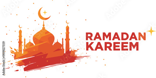  Dynamic Ramadan Kareem card vector art showcasing red orange mosque silhouette crescent moon splashes sparkling accents celebration