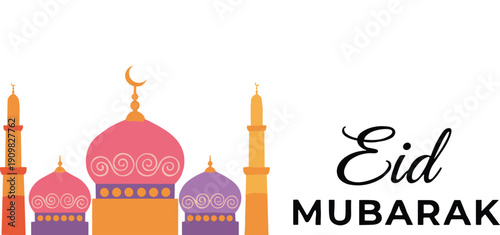 Colorful Eid Mubarak greeting vector with vibrant mosque domes minarets crescent moon and festive Islamic celebration design
