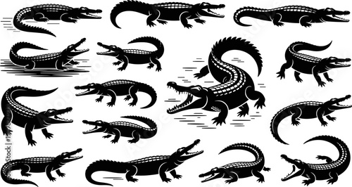 Detailed collection of black crocodile and alligator silhouettes in various aggressive and neutral poses featuring reptiles swimming, walking, and mouth open isolated on white background.