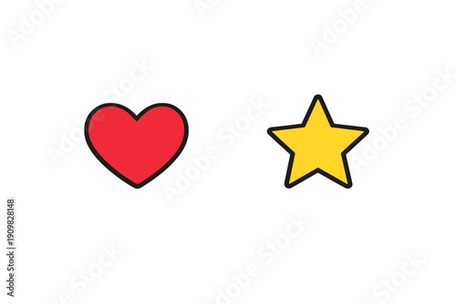A simple illustration featuring a red heart and a yellow star with black outlines, set against a solid black background. The design is clean and minimalist with vibrant colors.