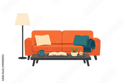 A cozy living room illustration featuring a bright orange sofa with cushions and a throw blanket, a floor lamp, and a coffee table with a book, mug, plant, and candle.