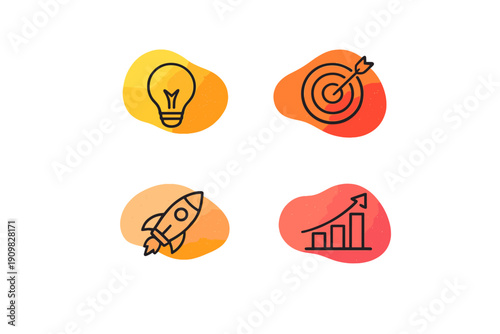Four business icons featuring a light bulb, target, rocket, and bar chart on colorful gradient shapes against a black background, representing ideas, goals, launch, and growth.