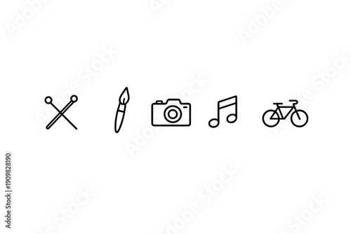 A collection of five minimalist white line icons representing various hobbies and activities, including knitting, painting, photography, music, and cycling, set against a black background.