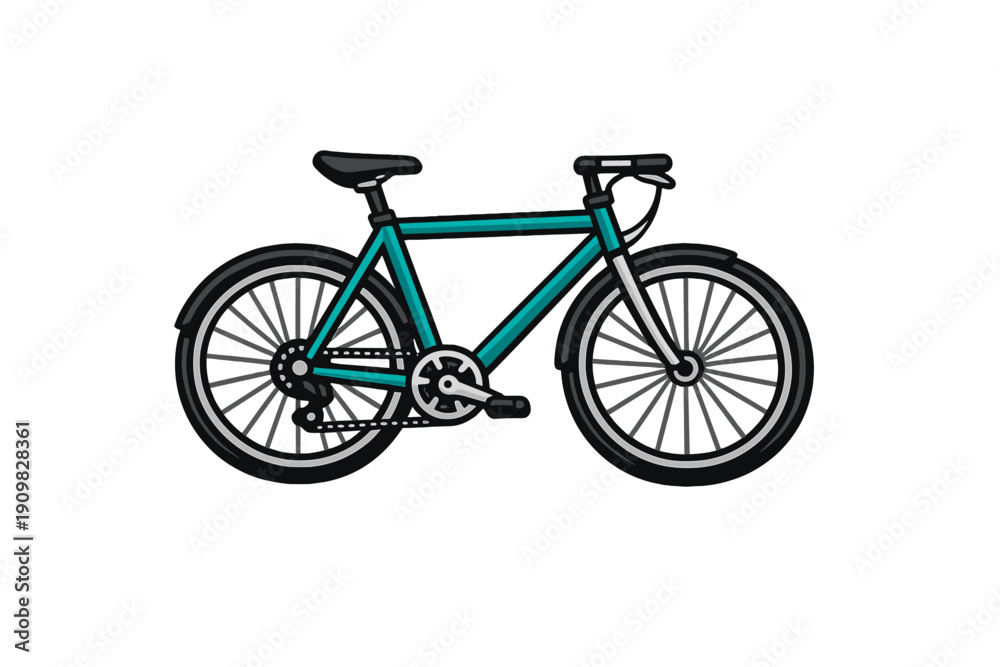 Fototapeta premium A flat vector illustration of a teal bicycle with black tires and a sleek frame, isolated on a solid black background. The design features detailed wheels, pedals, and handlebars.