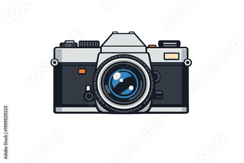 A flat design illustration of a vintage-style film camera with a silver and black body, featuring a large lens with blue reflections against a solid black background.
