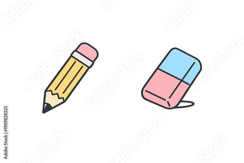 A flat vector illustration of a sharpened yellow pencil with a pink eraser and a two colored pink and blue rectangular eraser isolated on a solid black background.