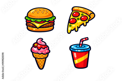 A collection of four colorful fast food stickers featuring a hamburger, a slice of pepperoni pizza, a pink ice cream cone, and a red soda cup with a straw on a black background.