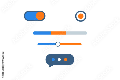 A collection of minimalist user interface elements including a toggle switch, radio button, progress bar, slider, and chat bubble icon in blue and orange on a dark background.