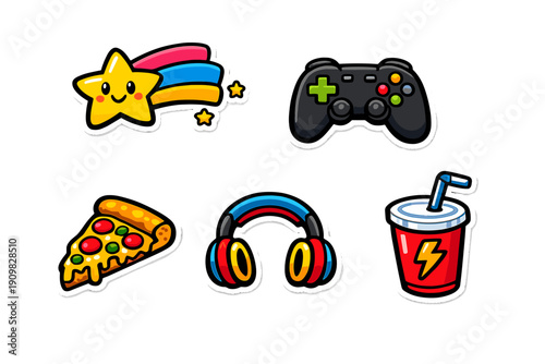 A collection of five colorful cartoon stickers featuring a smiling shooting star, a game controller, a slice of pizza, headphones, and a soda cup with a lightning bolt on a black background.