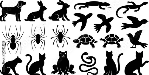 Large collection of black animal silhouettes featuring domestic pets like cats and dogs, plus wild reptiles, spiders, birds, and amphibians isolated on white background.