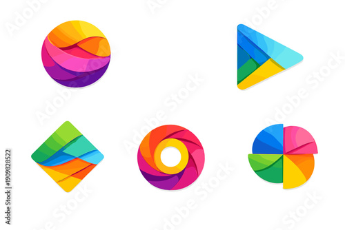 Five colorful 3D geometric icons with layered paper-cut effects and vibrant gradients are displayed on a black background, including circular, triangular, and diamond shapes.