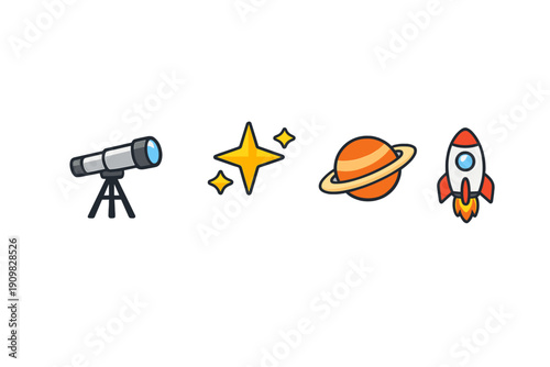 A collection of four space-themed icons including a telescope, yellow stars, a ringed planet, and a launching rocket ship, all set against a solid black background in a flat style.