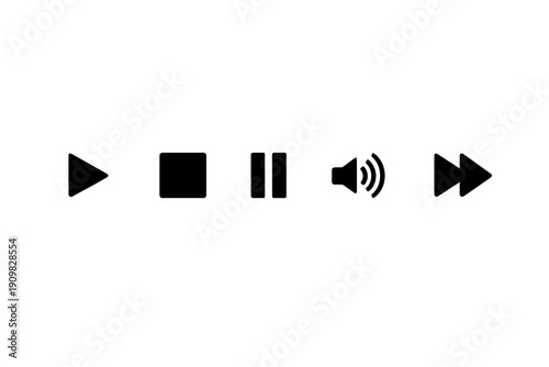 A minimalist set of white media control icons including play, pause, rewind, and fast forward buttons displayed horizontally on a solid black background.