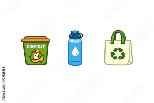 Three colorful icons representing environmental sustainability including a green compost bin, a blue reusable water bottle, and a white recycling bag on a black background.