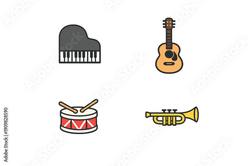 A collection of four musical instrument icons including a grand piano, an acoustic guitar, a snare drum with sticks, and a brass trumpet, all set against a solid black background.