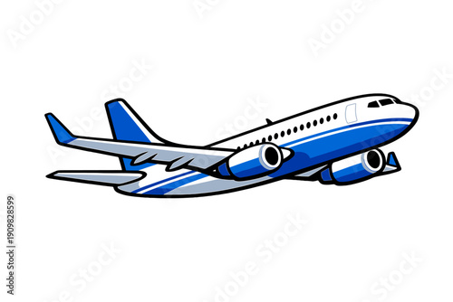 A blue and white commercial airplane illustration flying against a solid black background. The aircraft features two engines and a sleek design in a cartoon vector style.
