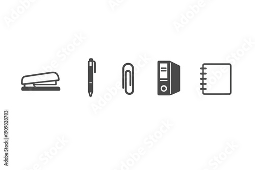 A collection of five minimalist office supply icons including a stapler, pen, paperclip, binder, and spiral notebook, presented in a horizontal row on a solid black background.