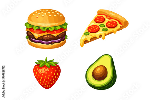 A collection of four stylized food illustrations including a cheeseburger, a slice of pepperoni pizza, a ripe red strawberry, and a halved avocado on a solid black background.