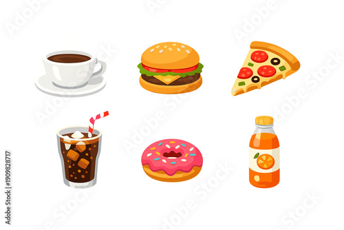 A collection of six colorful food and drink icons including a burger, pizza slice, donut, coffee cup, iced soda, and orange juice bottle isolated on a black background.