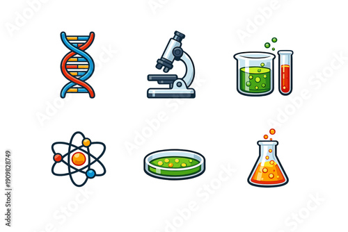 A collection of six colorful science icons including a DNA strand, microscope, beaker with test tube, atom model, petri dish, and an Erlenmeyer flask on a black background.