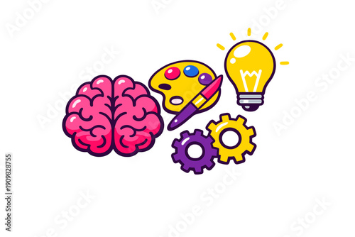 A colorful vector illustration featuring a pink brain, an artist palette with a brush, a glowing yellow lightbulb, and two interlocking gears against a solid black background.