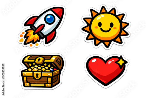 This set of four colorful cartoon stickers includes a launching rocket, a happy sun, a treasure chest overflowing with gold coins, and a shiny red heart against a dark backdrop.