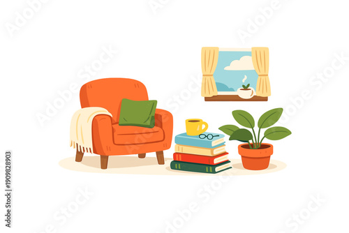 A cozy living room illustration featuring an orange armchair with a green pillow, a stack of books with a yellow mug, a potted plant, and a window with a view of the sky.