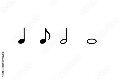 A collection of four musical note symbols, including a quarter note, eighth note, half note, and whole note, displayed as white icons against a solid black background.