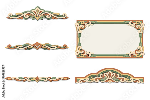 A collection of vintage decorative elements including a rectangular frame and three horizontal dividers featuring ornate scrollwork and floral patterns in green and beige tones.