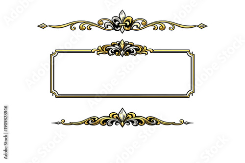 Elegant gold and silver decorative elements including a rectangular frame and two ornate horizontal dividers with fleur-de-lis motifs set against a solid black background.