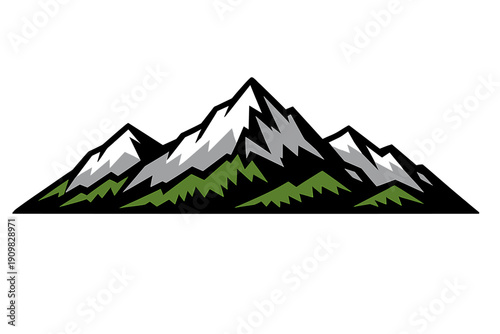 This stylized graphic depicts a series of sharp, angular mountain peaks in grey and green colors. The minimalist design is presented on a plain black backdrop for high contrast.