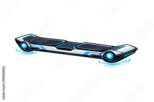 A futuristic hoverboard illustration featuring a sleek white and blue design with glowing circular thrusters and energy ripples, isolated on a solid black background.