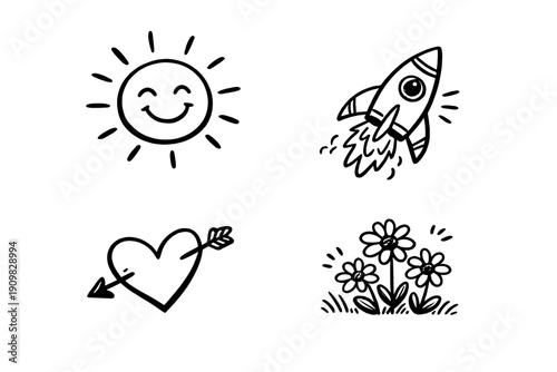A collection of four simple black and white line art doodles featuring a smiling sun, a launching rocket ship, a heart with an arrow, and a small patch of daisies in the grass.