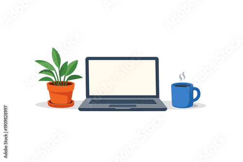 A flat illustration of a modern laptop with a blank screen, a green potted plant, and a steaming blue coffee mug on a white surface against a solid black background.