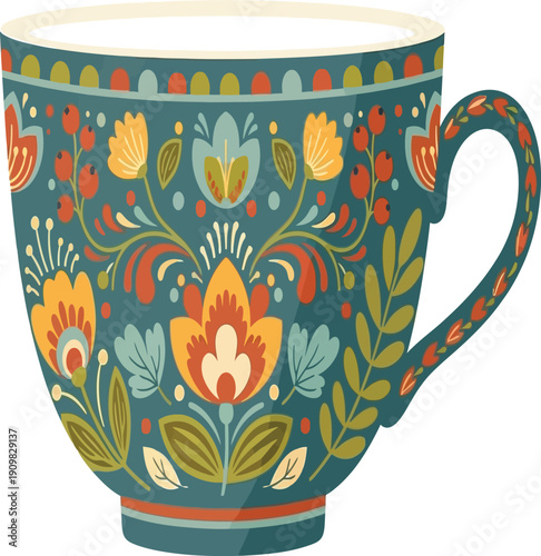 Vibrant floral patterned ceramic mug with colorful design