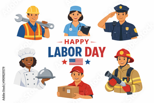 Labor Day Flat Illustration Set Highlighting Essential Workers in Clean Minimal Vector Style
