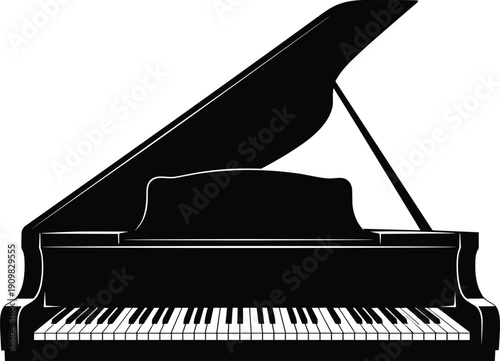 Black grand piano silhouette isolated on white background, elegant classical musical instrument vector illustration with detailed keys, luxury concert performance concept design element