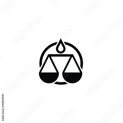 Black and white icon of a balance scale with a liquid drop, symbolizing justice, measurement, or equilibrium.