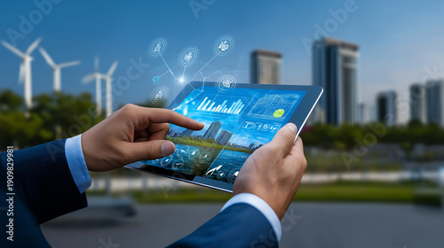 AI generator images of Smart energy and digital transformation in the industrial sector focus on using technology to manage energy. Tablets display real-time data on energy production and consumption,