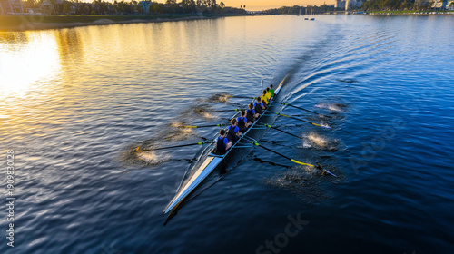 AI generator images of In competitive rowing or training, the boats used are typically coxed eight-oar boats, or eight-oar boats with a steer. The key to the sport is synchronization, which involves 