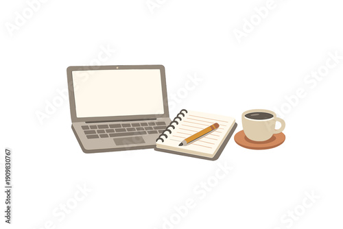 This flat vector illustration shows a laptop computer next to an open spiral notebook with a pencil and a cup of hot coffee. It represents a clean and organized home office setup.