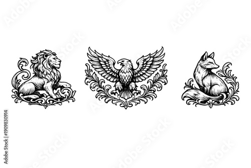 Three ornate white illustrations of a lion, an eagle, and a fox on a black background. Each animal is depicted in a woodcut style with decorative floral scrollwork elements.