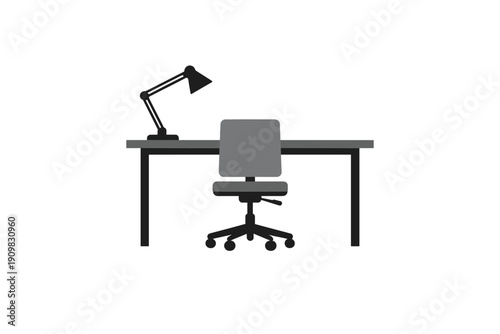 A minimalist illustration of a modern workspace featuring a gray desk, an adjustable office chair, and a black desk lamp, all set against a solid black background.