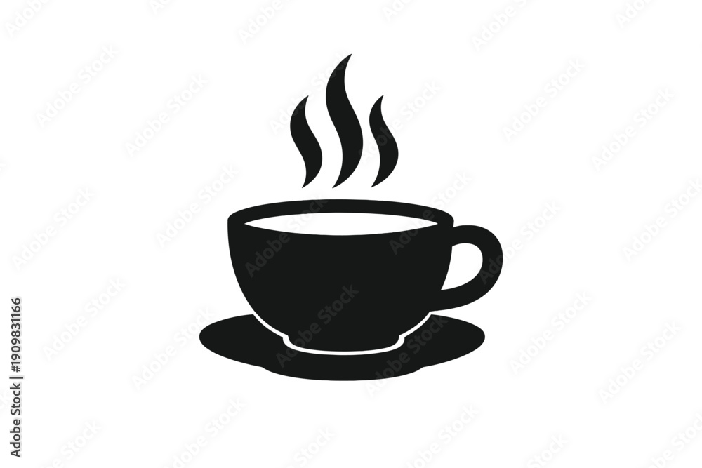 Obraz premium A black silhouette icon of a steaming hot cup of coffee or tea resting on a saucer. The minimalist graphic features three wavy lines representing rising steam from the hot beverage.