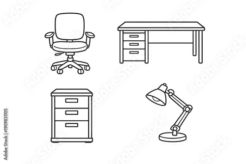 A collection of four black and white line art stickers featuring office furniture including a swivel chair, a desk with drawers, a filing cabinet, and an adjustable desk lamp.