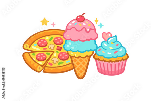 A colorful cartoon illustration featuring a pepperoni pizza, a double scoop ice cream cone with a cherry, and a blue frosted cupcake with a heart topper on a black background.