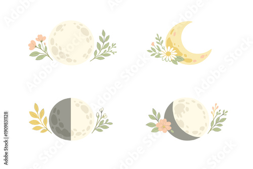 A set of four moon phases including full, crescent, half, and gibbous moons, each decorated with delicate floral arrangements and green leaves against a black background.